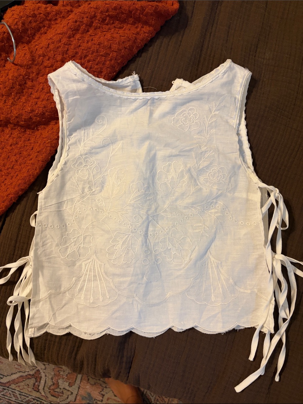 White Embroidered Tie-Side Sleeveless Top